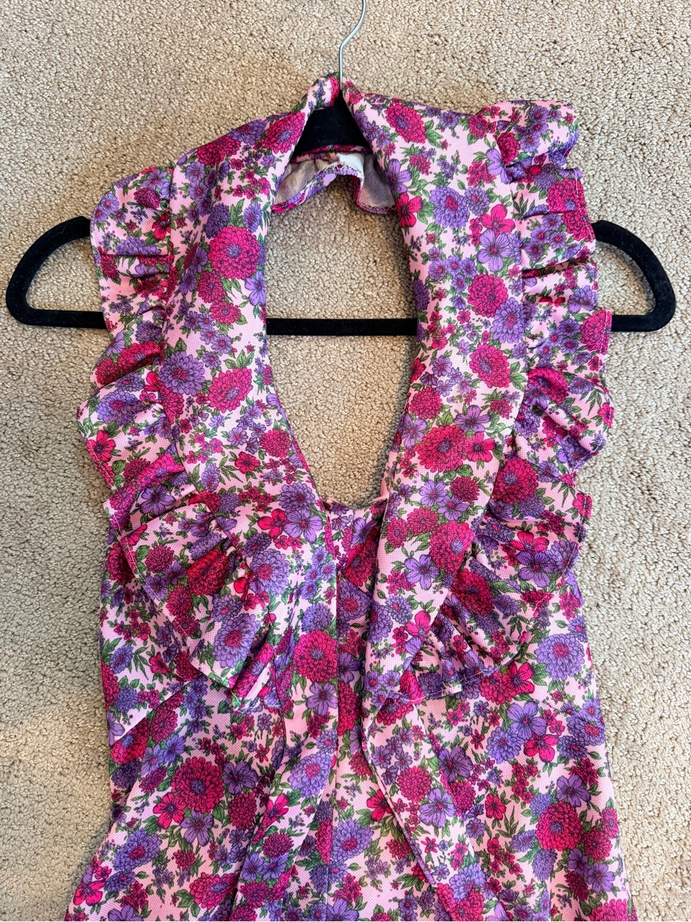 Vintage 1970’s Floral Ruffle Halter Maxi Dress with Belt